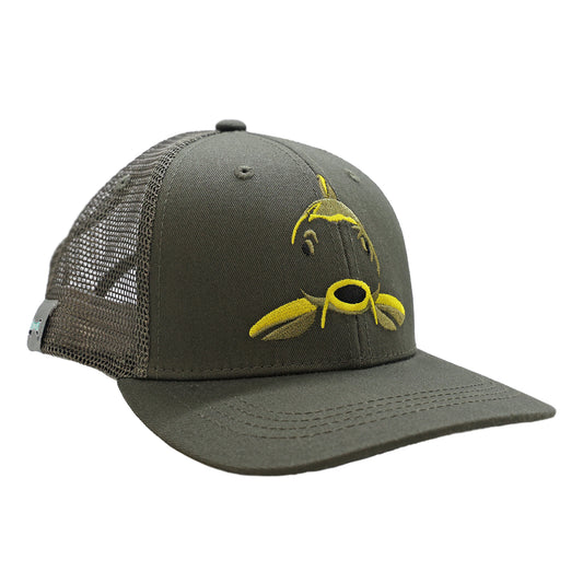 a hat with green mesh back and green front. The front features a minimalist carp in gold