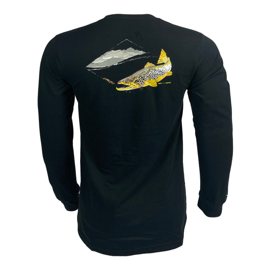 Black long sleeved tee shown from the back with artistically rendered brown trout and mountains across the shoulder blades.