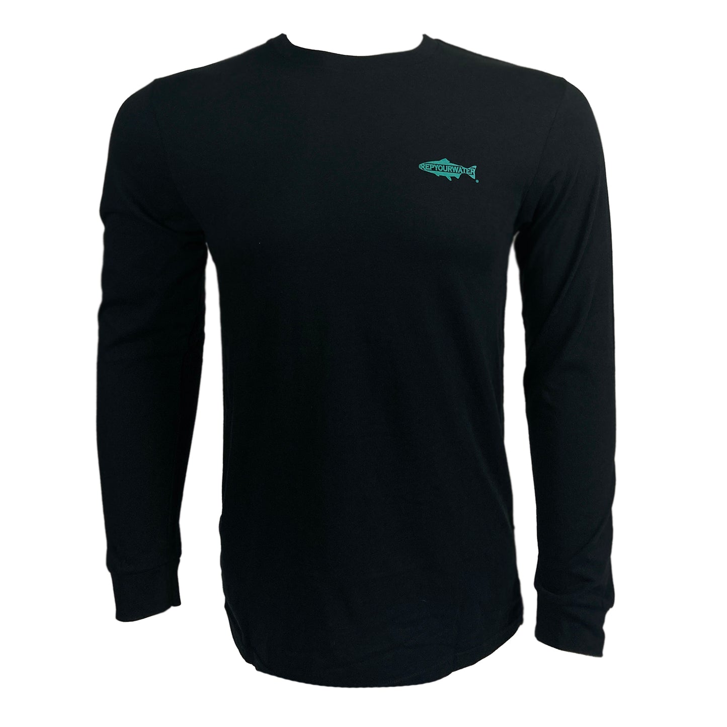 Black long sleeved tee shown from the front with blue Rep Your Water logo on wearer's left chest.