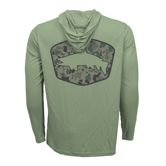 the back of a light green hoody has a block of camo print with a green trout inside of it