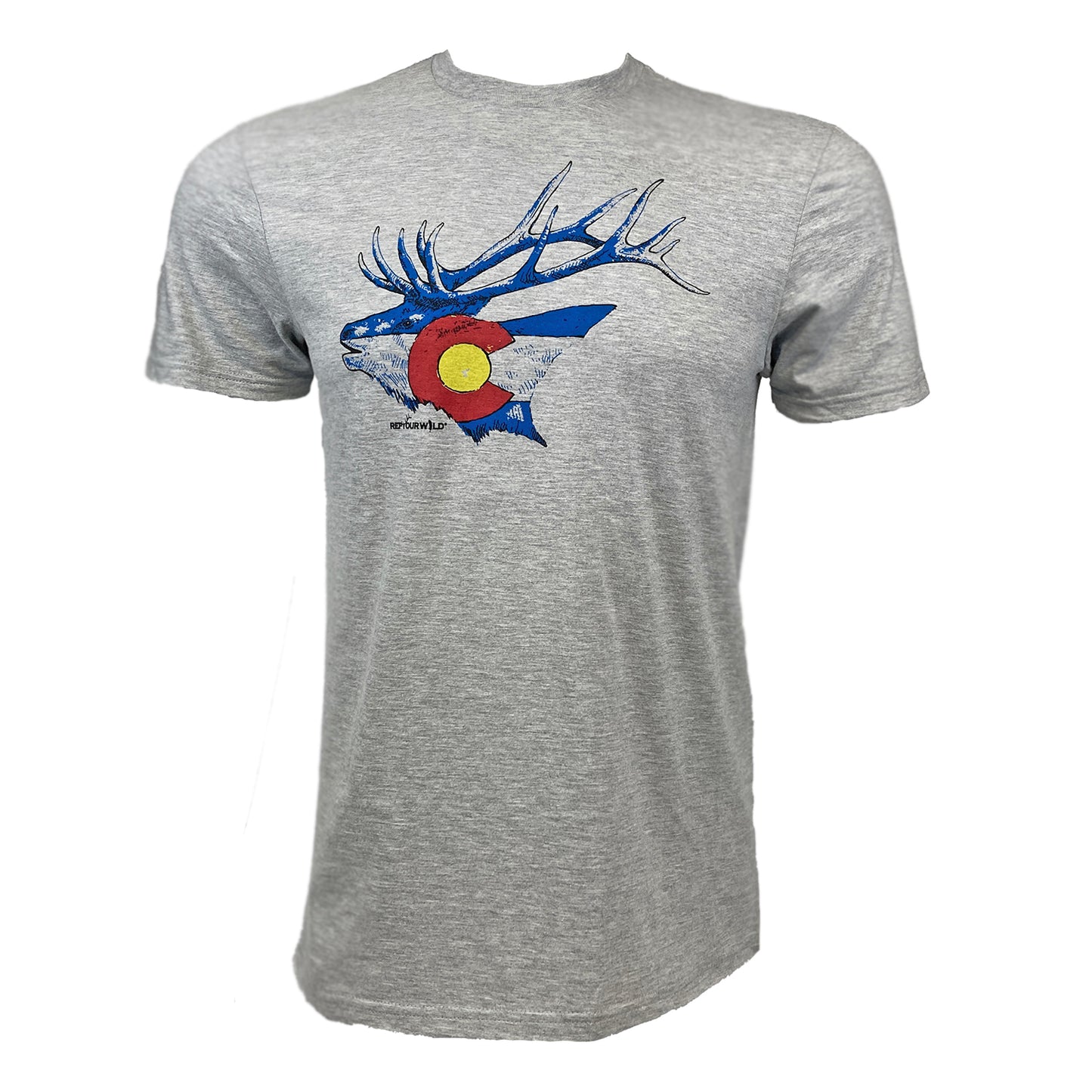 Gray tee shown from the front with bugling elk head filled with Colorado flag on the chest.