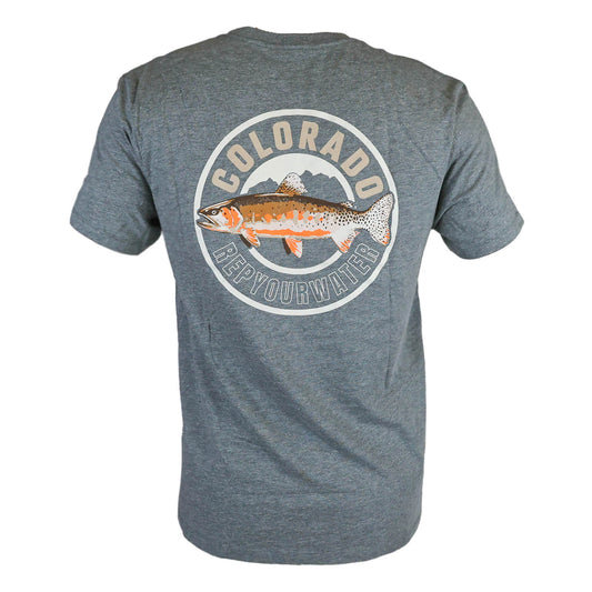The back of a gray shirt that says Colorado RepYourWater with mountains and a trout.