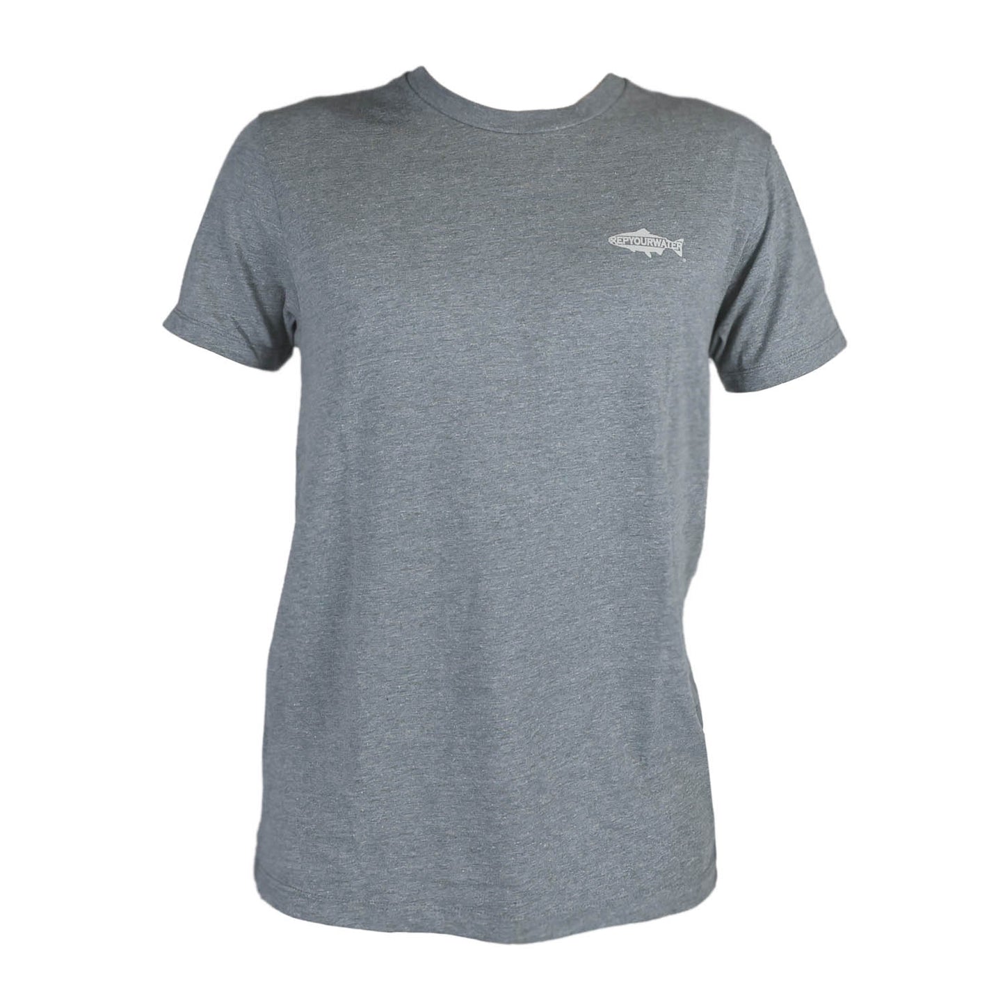 Front of gray shirt with fish silhouette that reads repyourwater in white on the front right