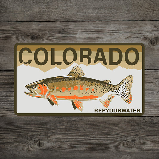 A sticker that shows a mountain range silhouette with COLORADO above and a cutthroat trout with repyourwater in the bottom right corner