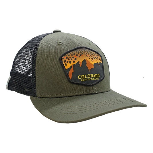 A hat with green mesh back and green front. The front features a patch that says Colorado RepYourWater and has a brown trout design with mountains.