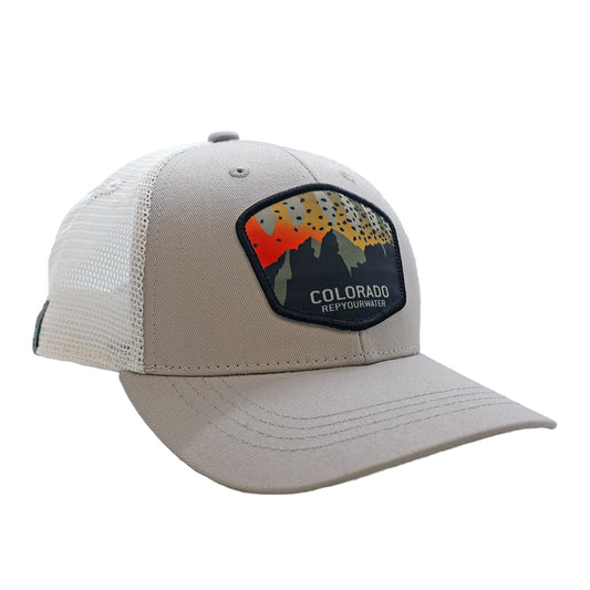 A hat with white mesh back and gray front. The front features a patch that says Colorado RepYourWater and has a cutthroat trout design with mountains.