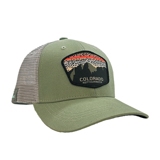 A hat with white mesh back and gray front. The front features a patch that says Colorado RepYourWater and has a rainbow trout design with mountains.