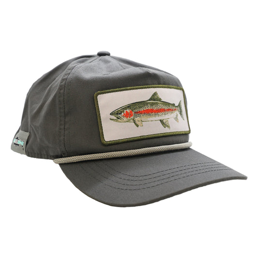 a gray hat with a light gray rope. The front features a patch with a rainbow trout