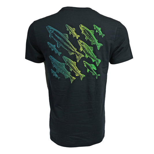 The back of a black shirt featuring neon artistically rendered fish.
