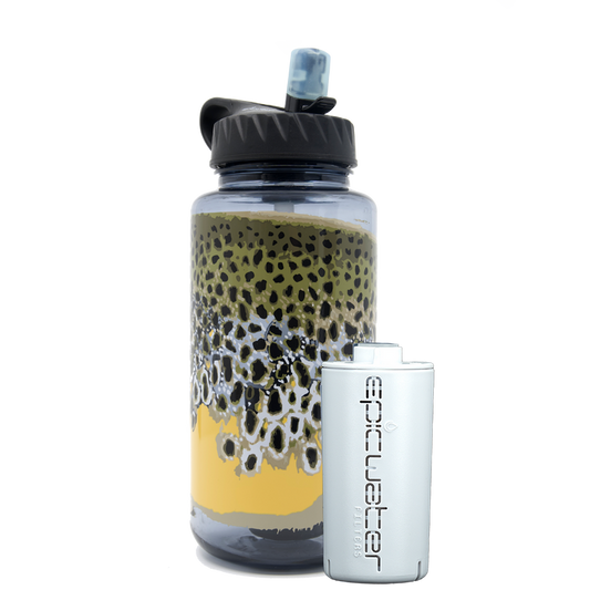 Plastic water bottle featuring a brown trout design with the Epic everywhere filter.