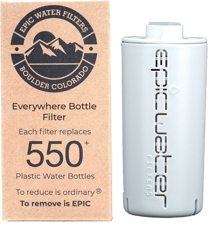 Epic everywhere filter with white housing and packaging showing each filter replaces 550 plus plastic water bottles.