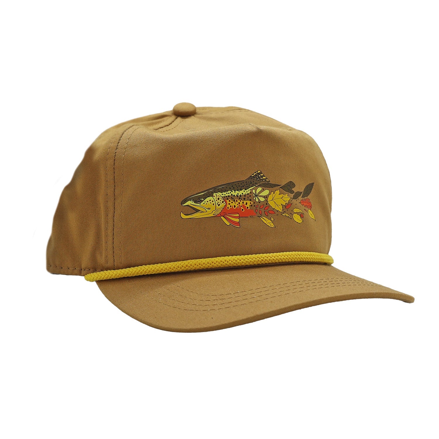 Brown hat with fall brown trout transitioning into autumn leaves