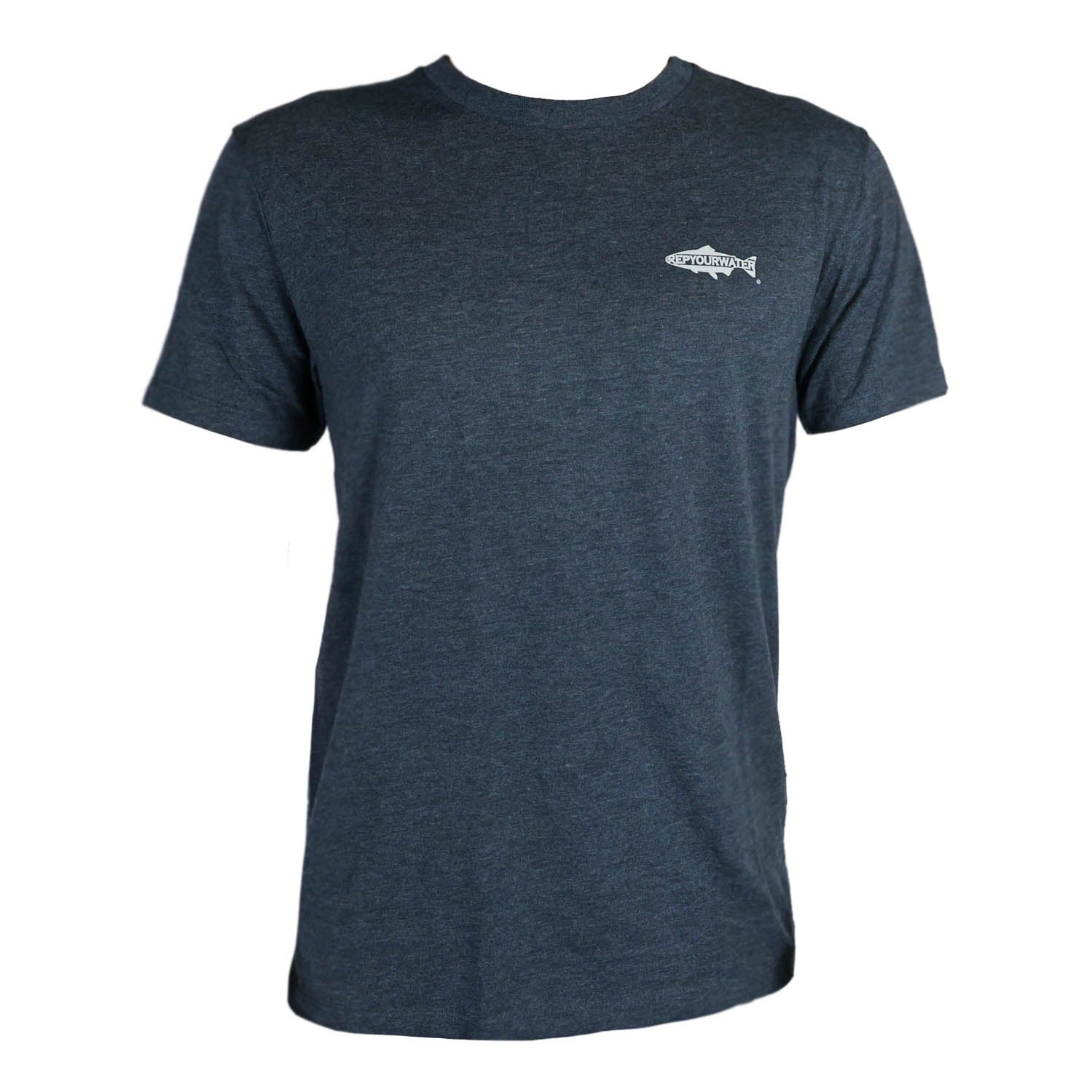 The front of a dark navy shirt with a fish silhouette that reads repyourwater in white