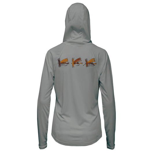 A gray hooded shirt with three fishing flies across the shoulders in the back