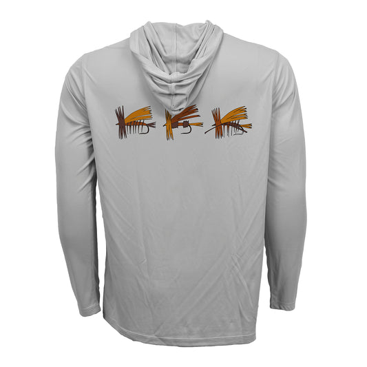 The back of a gray hoody features three drawings of flies for fishing