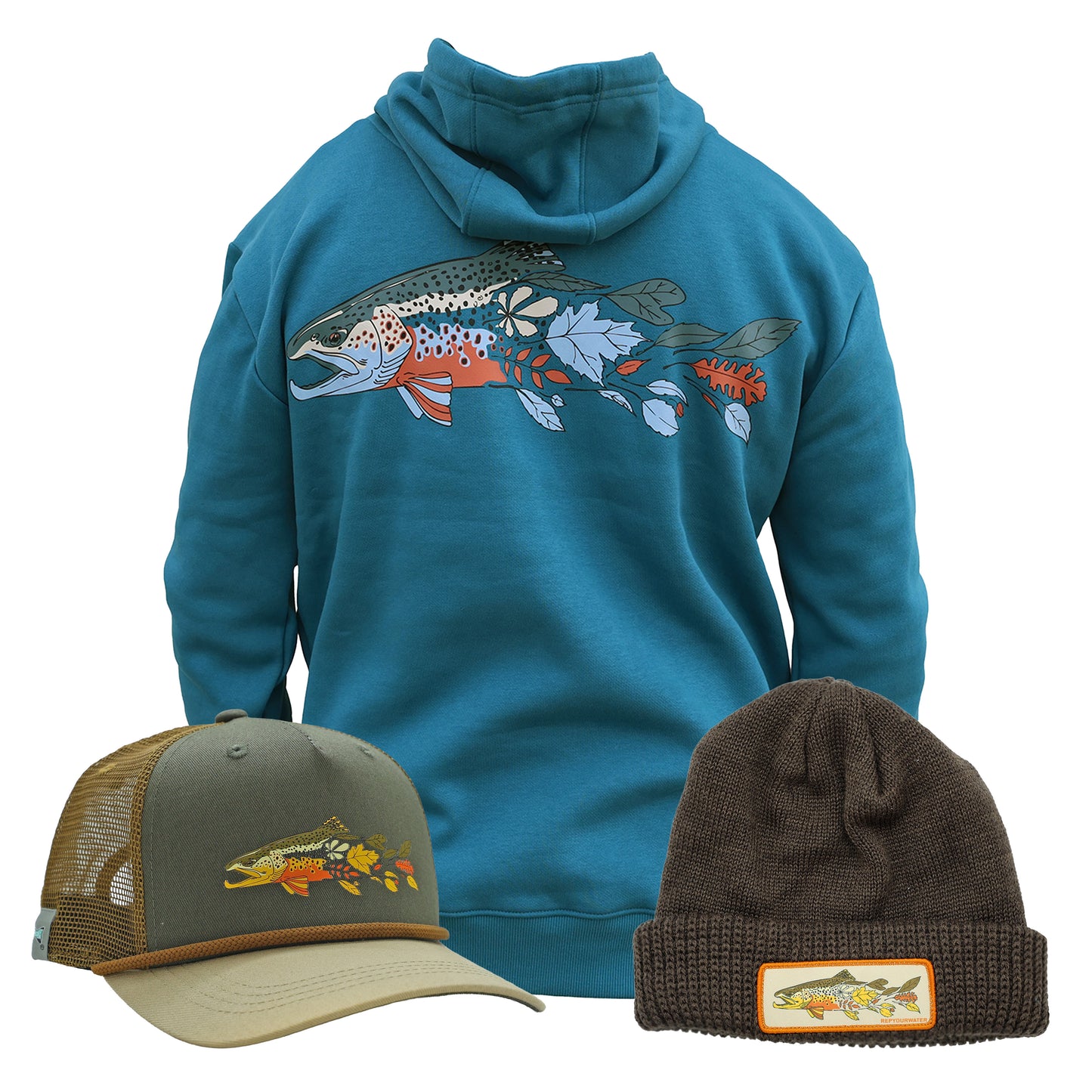The Fall Colors gift bundle products, brown trout hat, knit hat, and hoodiewith a brown trout on the back