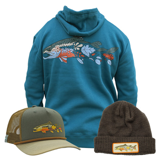 The Fall Colors gift bundle products, brown trout hat, knit hat, and hoodiewith a brown trout on the back