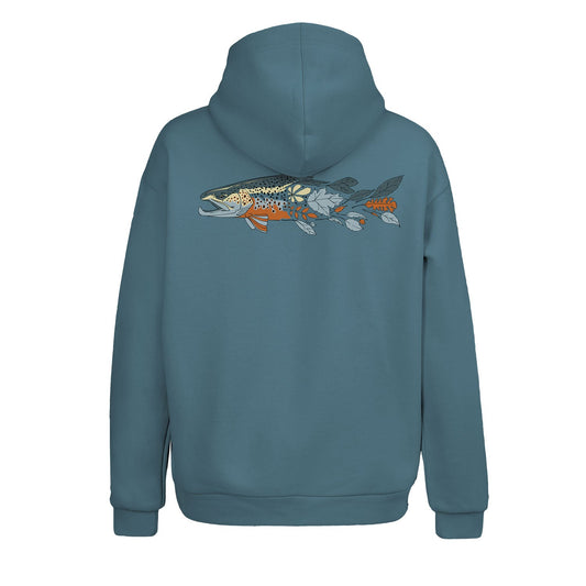 Hoodie blue with fall brown trout transitioning into autumn leaves back graphic