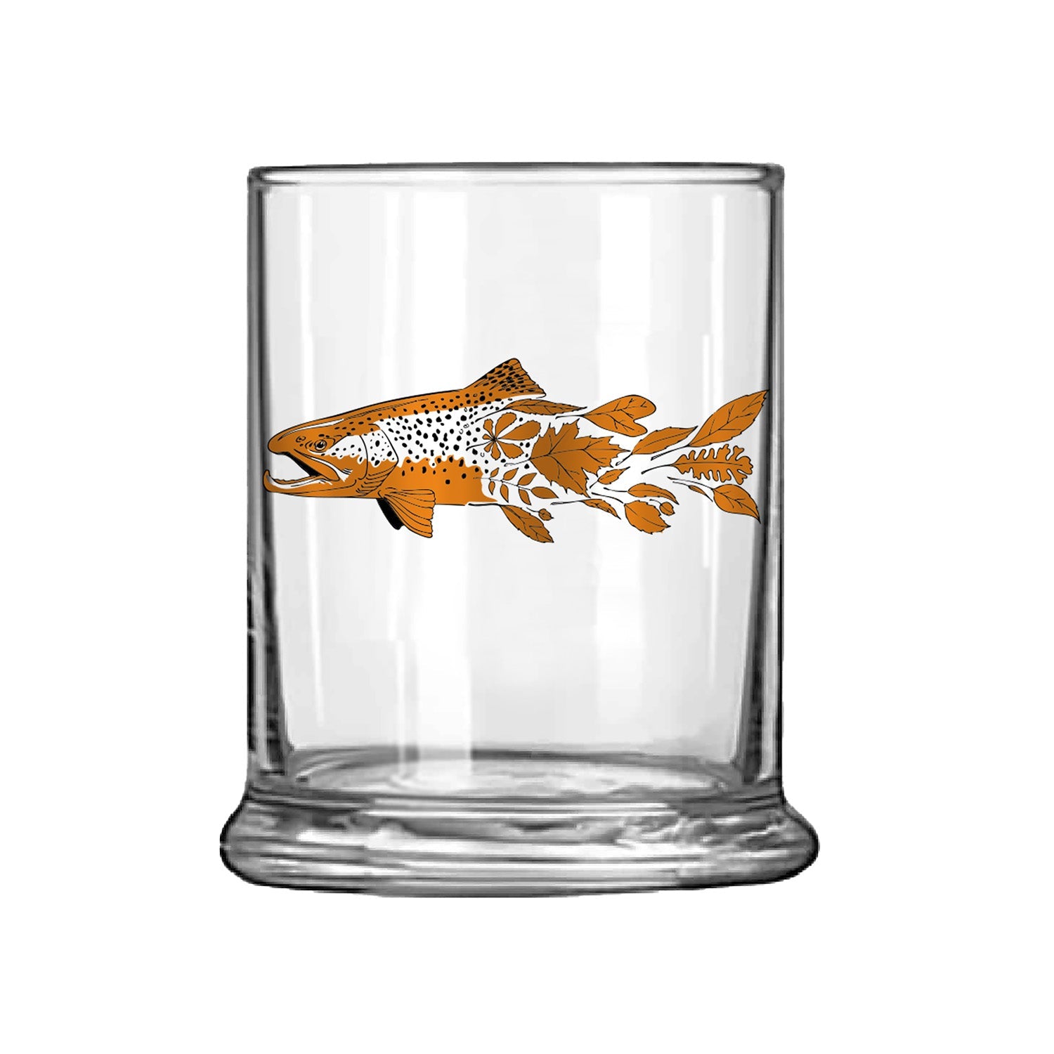 Low ball glass with brown trout transitioning into autumn leaves orange and black ink
