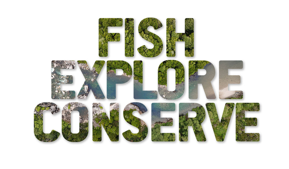 Text 'FISH EXPLORE CONSERVE' with nature-themed design on a white background