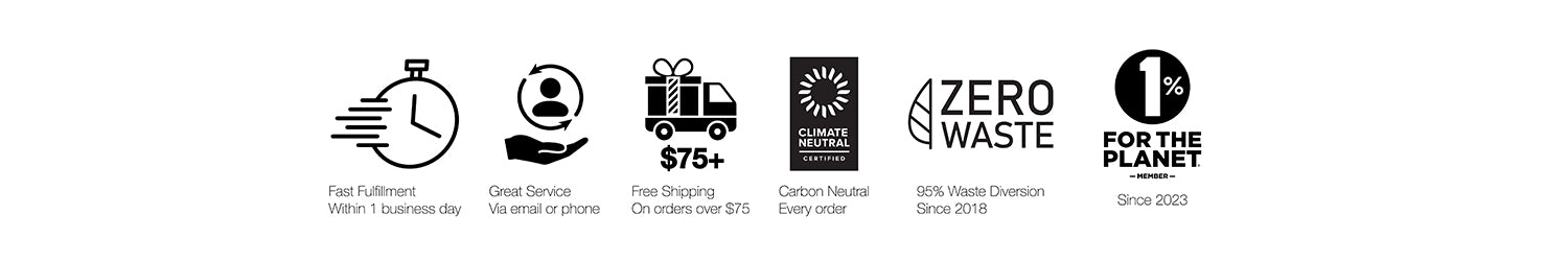 icons showing great service fast fulfillment free shipping over $100 climate neutral certification and zero waste and 1 percent for the planet membership