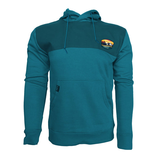 Blue Hoodie small sunset patch on front