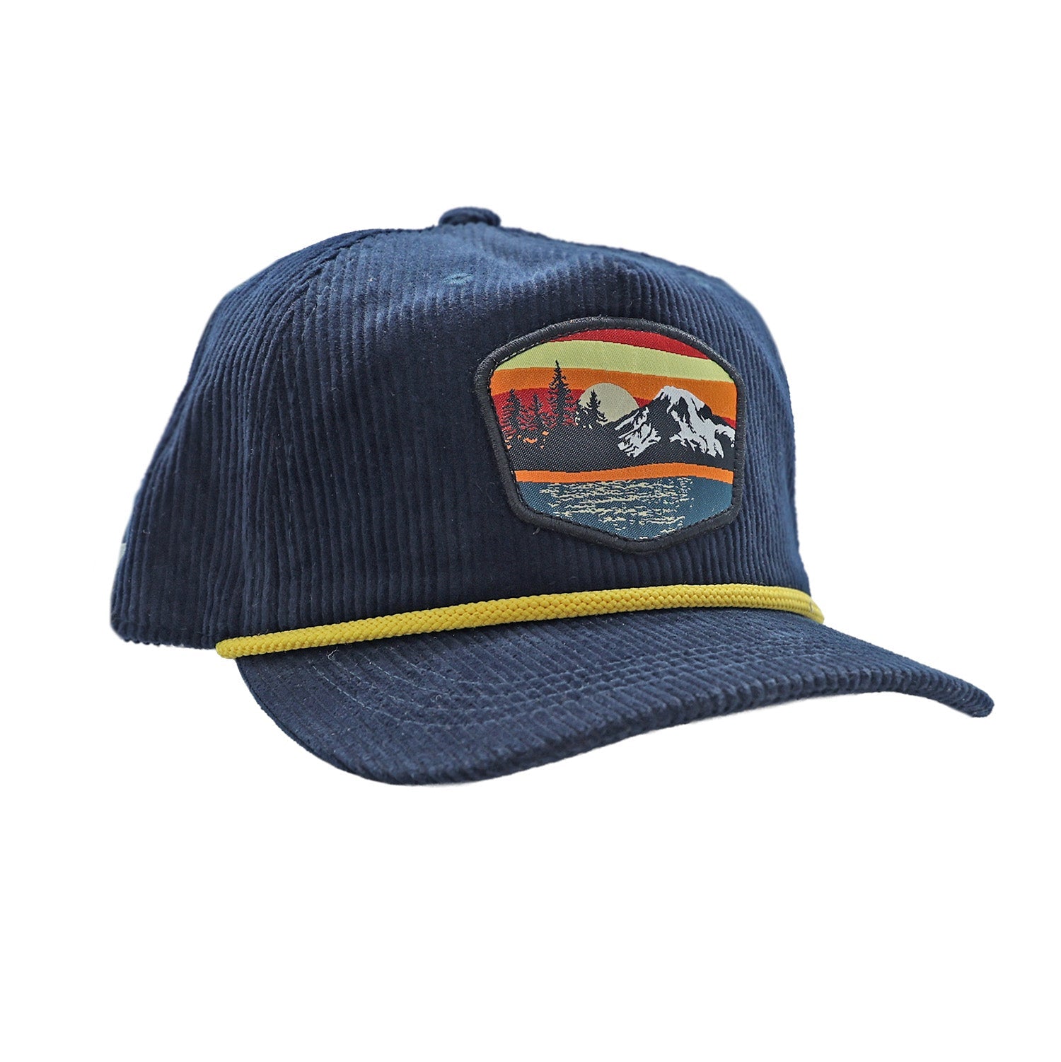 Blue corduroy hat with sunset and mountain patch