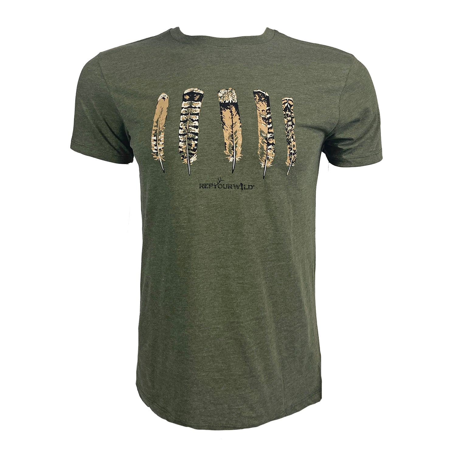 Green tee shown from the front with artistically rendered grouse feathers and Rep Your Wild logo across the chest.