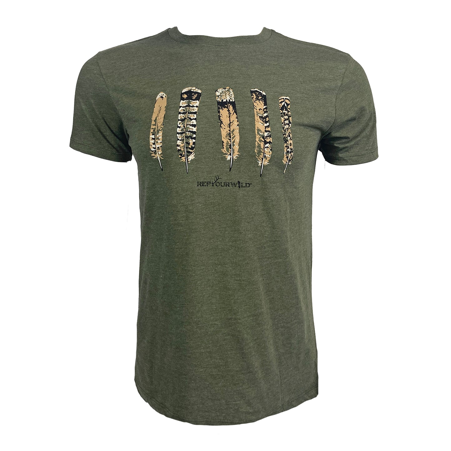 Green shirt with 5 feathers on the front and the words rep your wild