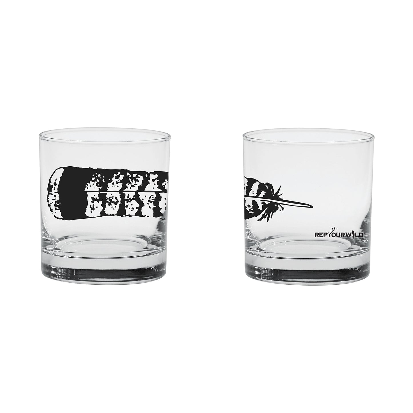 Low ball glass with a print of a grouse feather on the side and the words rep your wild
