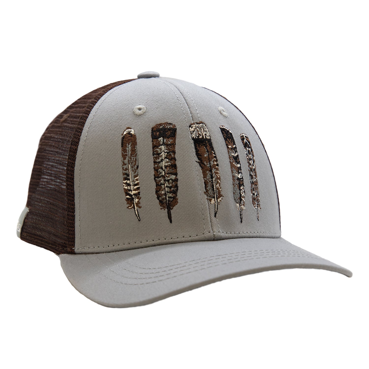 Gray hat with brown mesh back. on the front shows 5 different types of grouse feathers