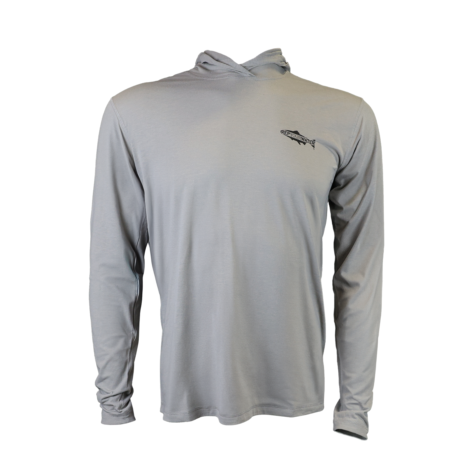 Gray merino breeze sun hoody from repyourwater with a pocket logo of a fish silhouette and the word rep your water in it.