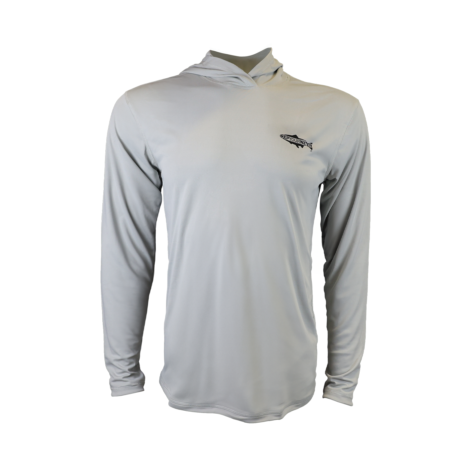 Gray Eco 50 sun hoody from rep your water that has a pocket logo of a fish silhouette and the word rep your water in it