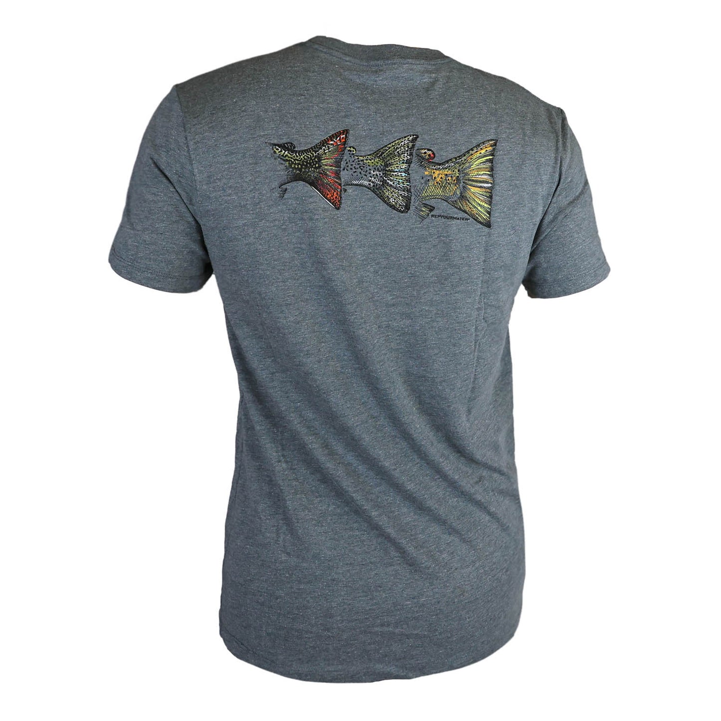 A gray shirt featuring 3 trout tails on the back.