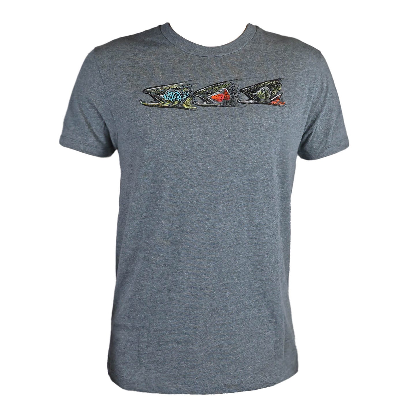 A gray shirt featuring 3 trout heads on the front 