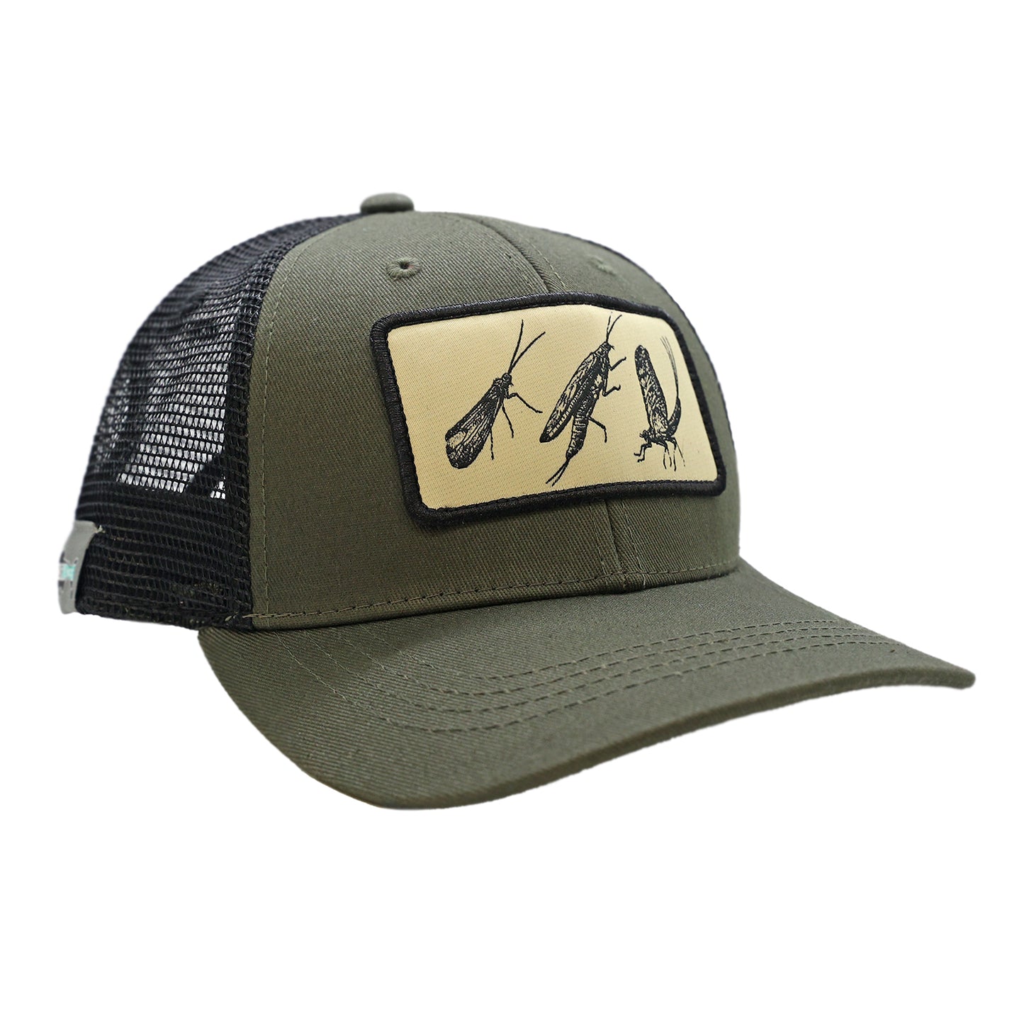 A hat with black mesh back and green front. The front features 3 adult insects in black on a tan background.