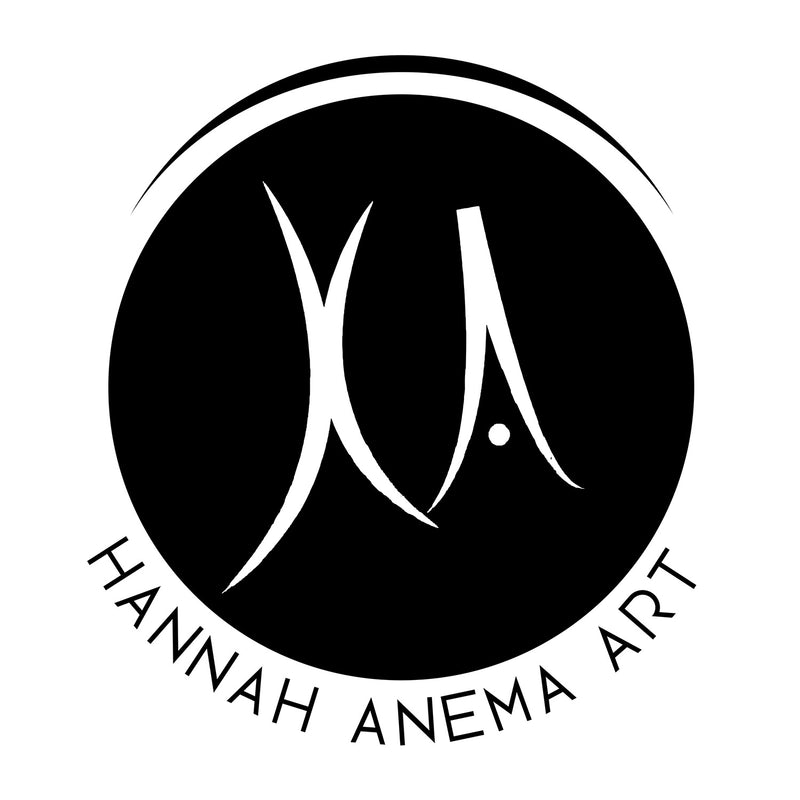 Logo for Hannah Anema Art with stylized initials inside a black circle on a white background