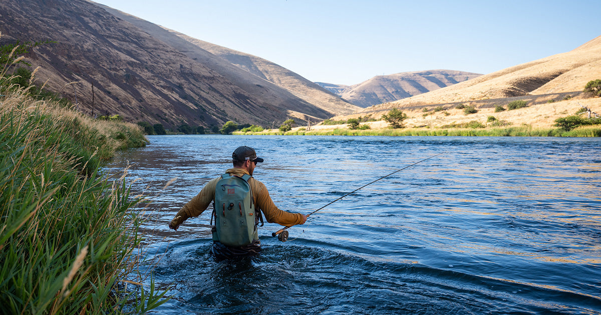 A man wades into a river with a fly rod
