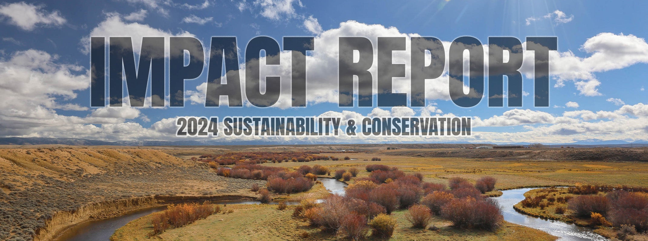 Landscape view of a winding river surrounded by dry grasslands and shrubs under a bright blue sky with sun rays breaking through clouds. Large overlay text reads ‘Impact Report’ and smaller text below reads ‘2024 Sustainability & Conservation.