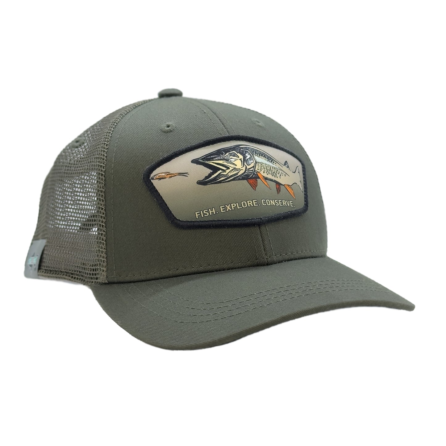 A green hat with mesh back featuring a patch with a musky chasing a fly that says fish explore conserve.