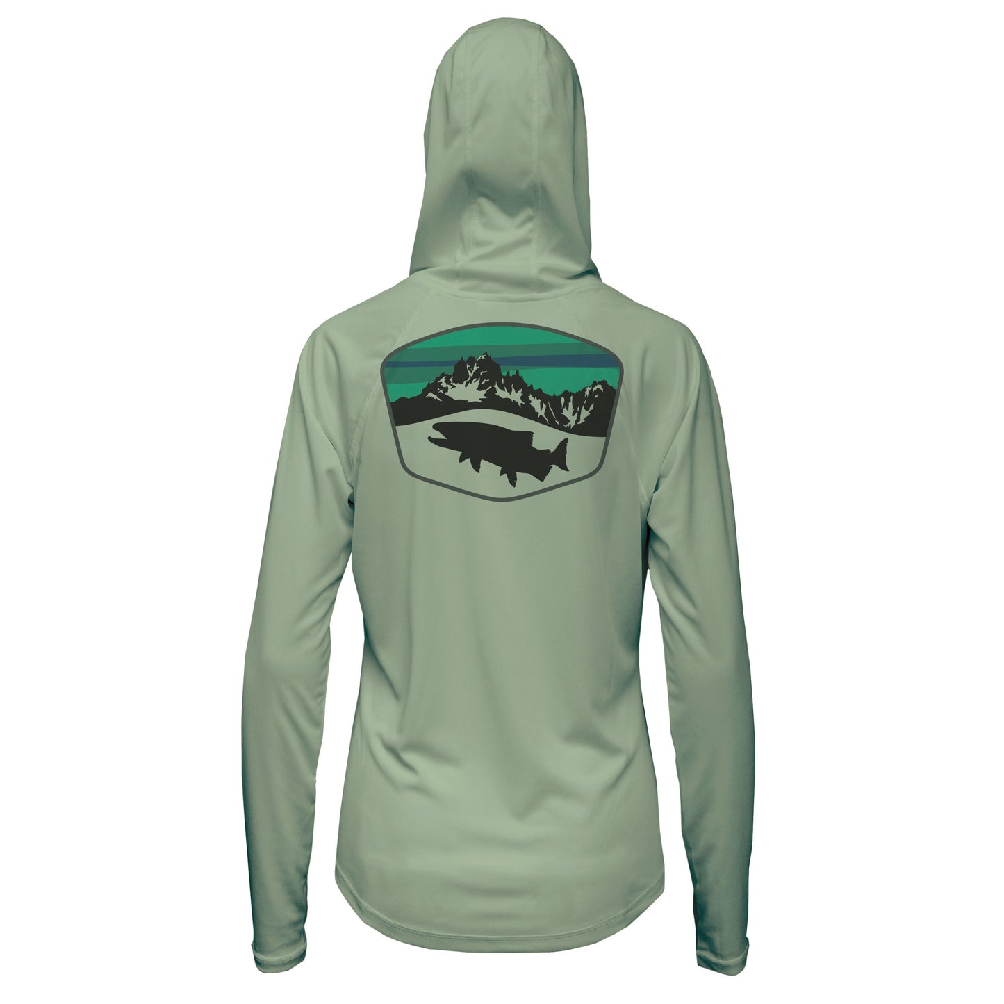 A light green hooded shirt with a black trout underneath a mountain scene with a green and blue sky pattern within a badge shape