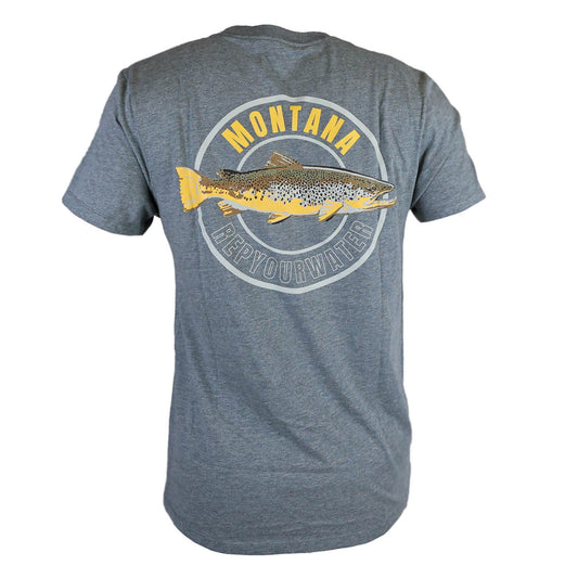 The back of a gray tee that says Montana RepYourWater with a brown trout.
