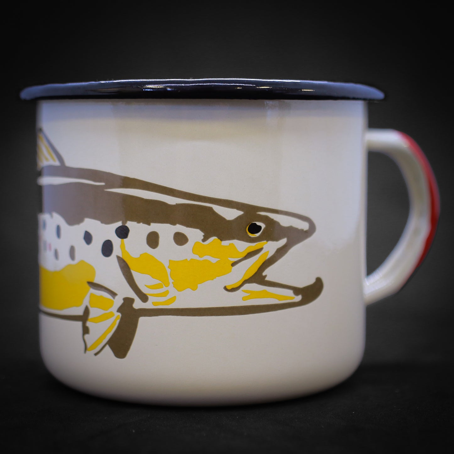 a mug featuring a brown trout on a cream background
