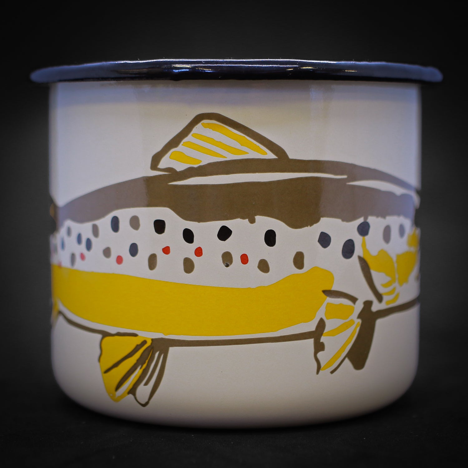 a mug featuring a brown trout on a cream background