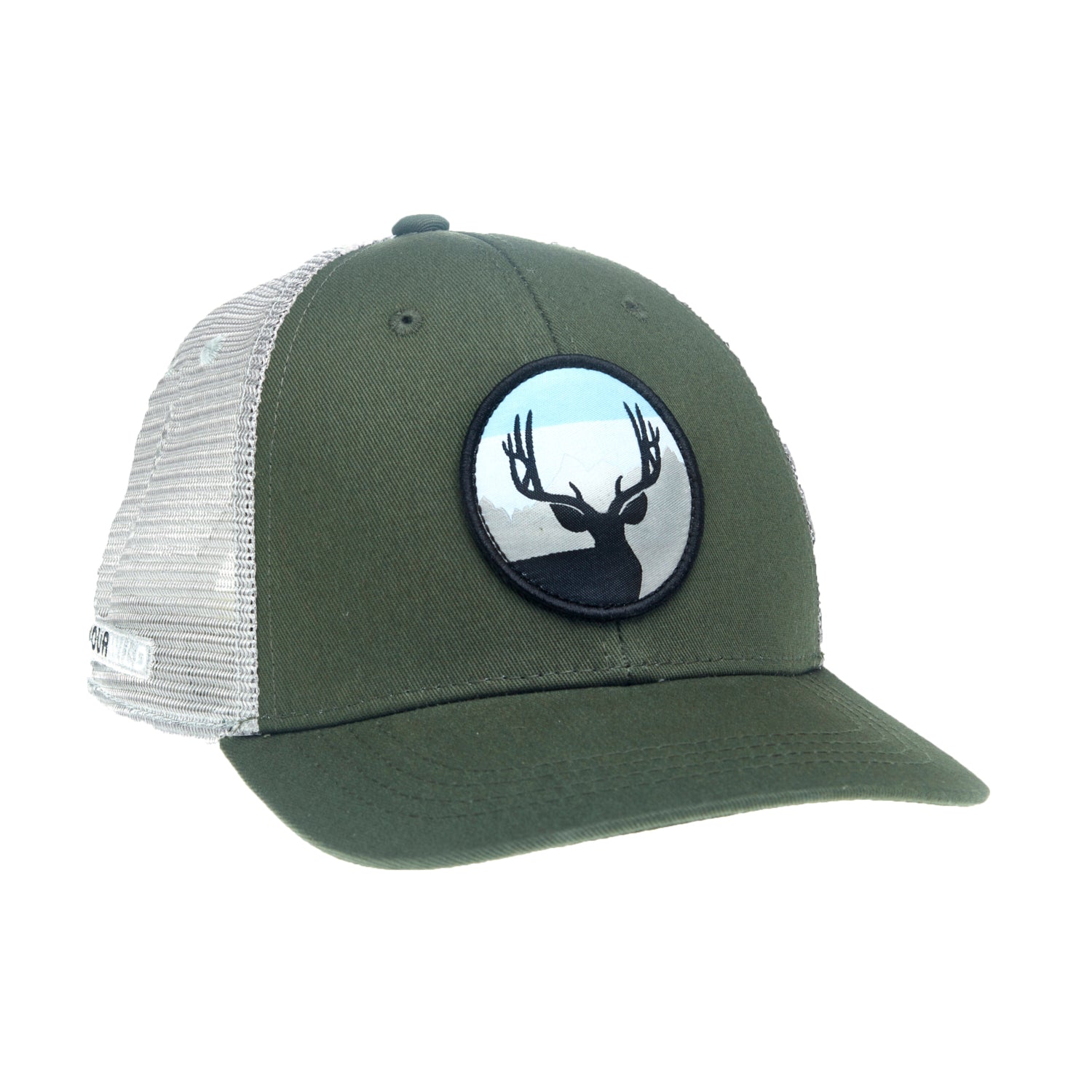 Green hat with gray mesh back with a cicular patch showing the silhouette of a mule deer
