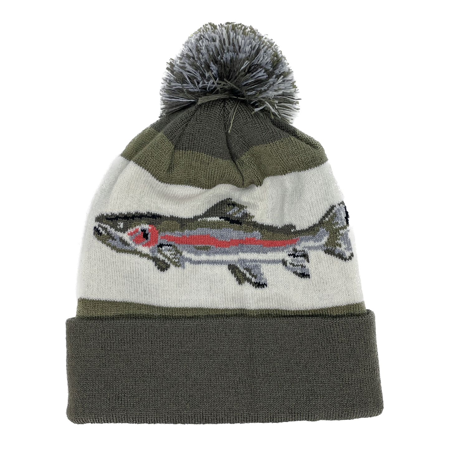 A winter hat with a gray cuff featuring a rainbow trout on the main area and a gray poof on top