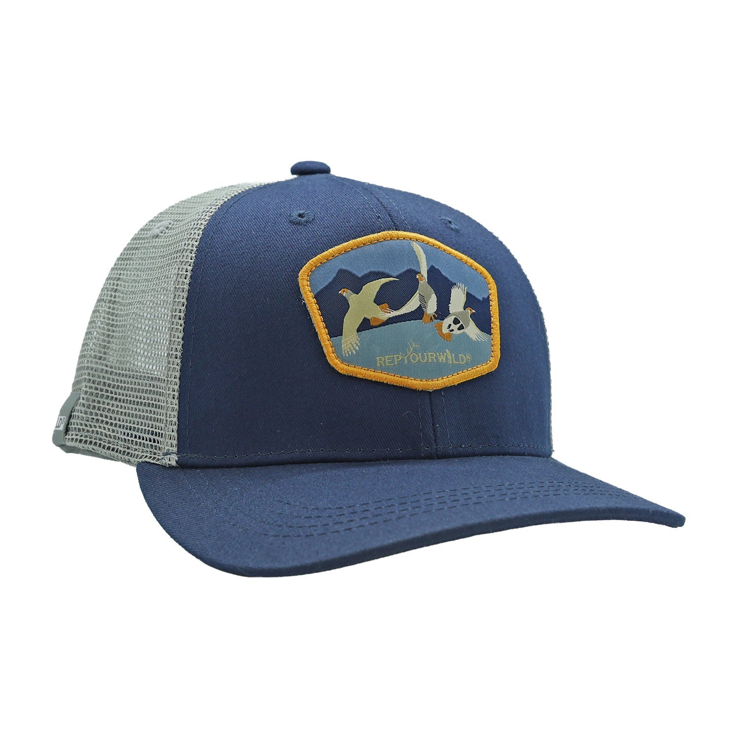 Blue hat with flying grouse