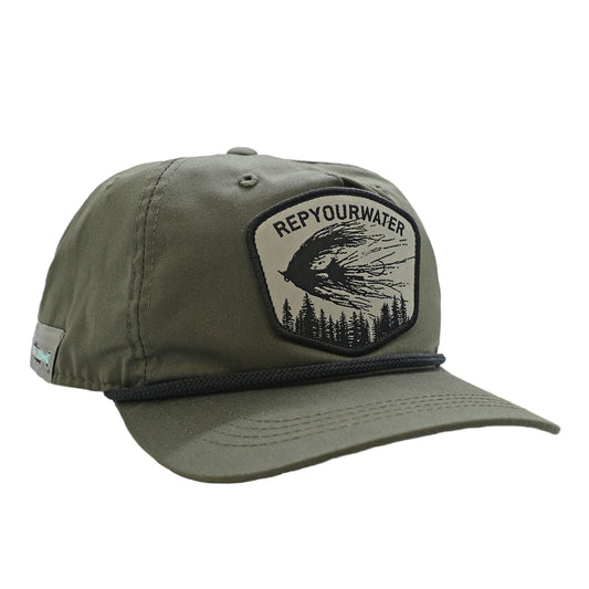 A green hat with a black rope. The front features a design that says RepYourWater and shows an intruder fly with pine trees.