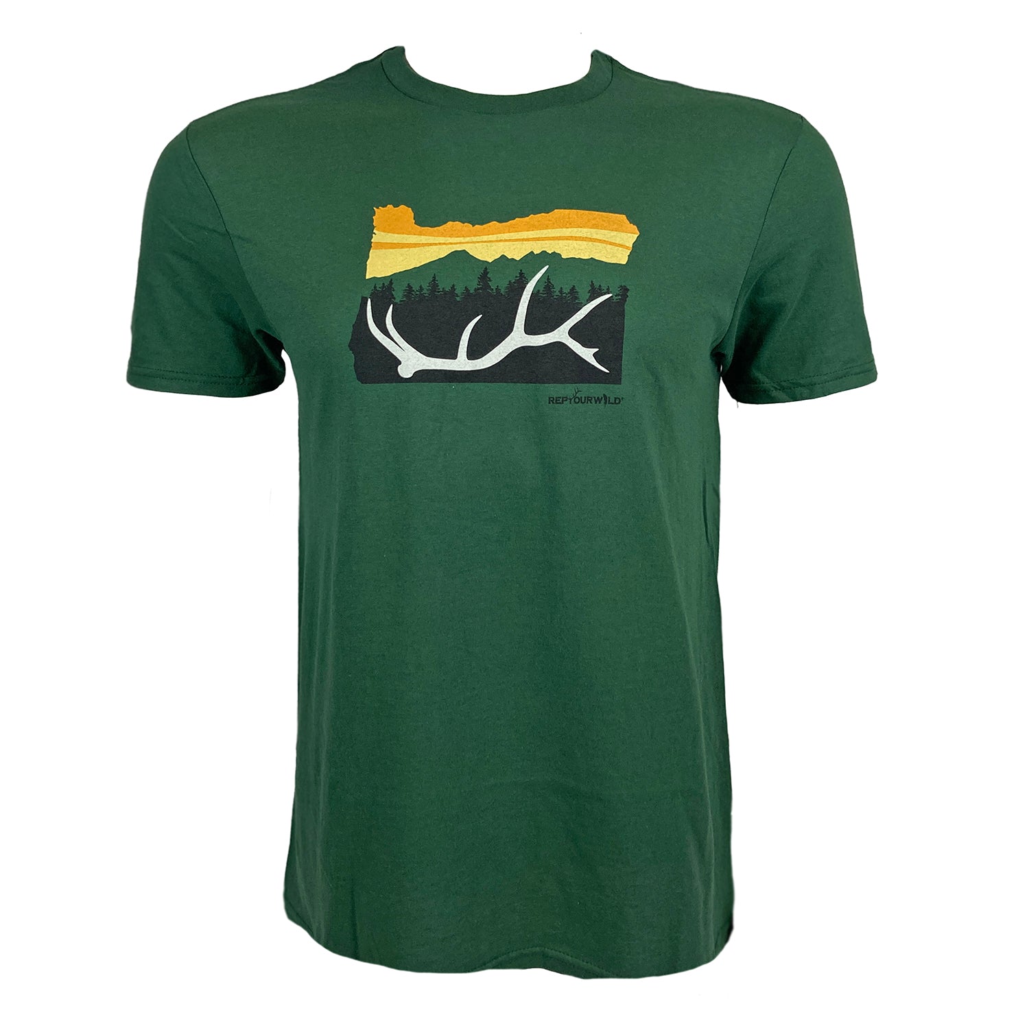 Green tee shown from the front with Oregon silhouette made from sunset, mountains, pines and elk antler across the chest.