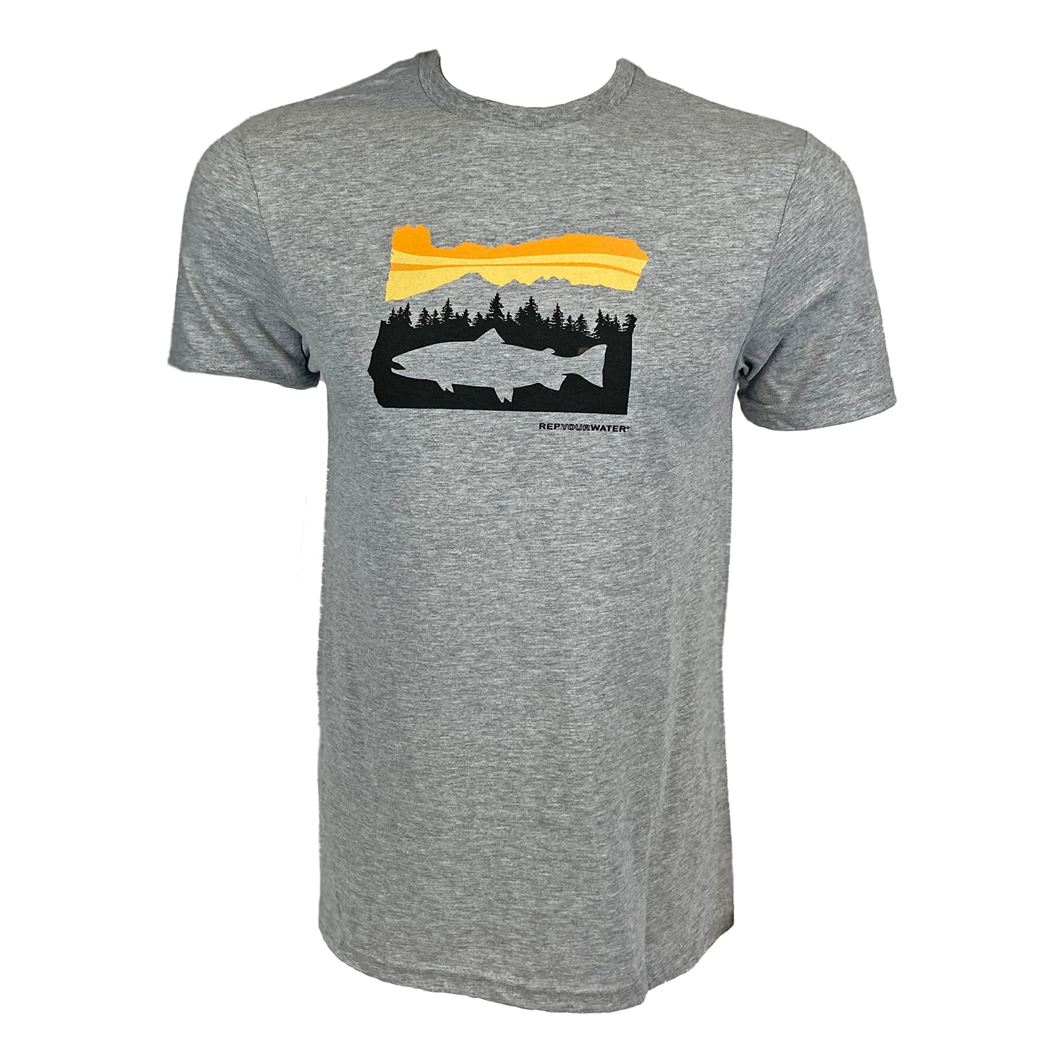Gray tee shown from the front with Oregon silhouette made from mountain scene with trout silhouette on the chest.